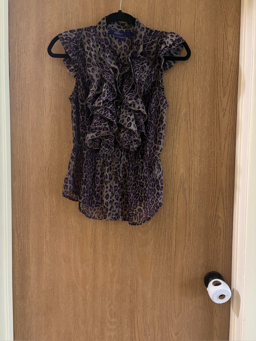 Miley Cyrus Purple Leopard-Print Ruffle Sleeveless Top